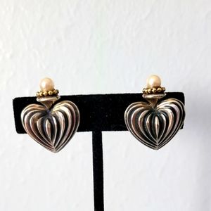 Vintage LAGOS-Caviar Two-Tone Fluted Heart Pearl Clip Earrings